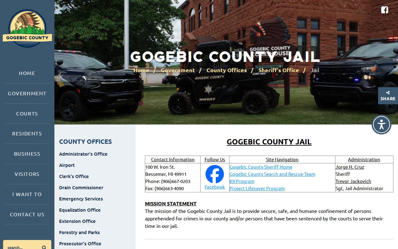 Gogebic County Jail recent arrest and custody information page